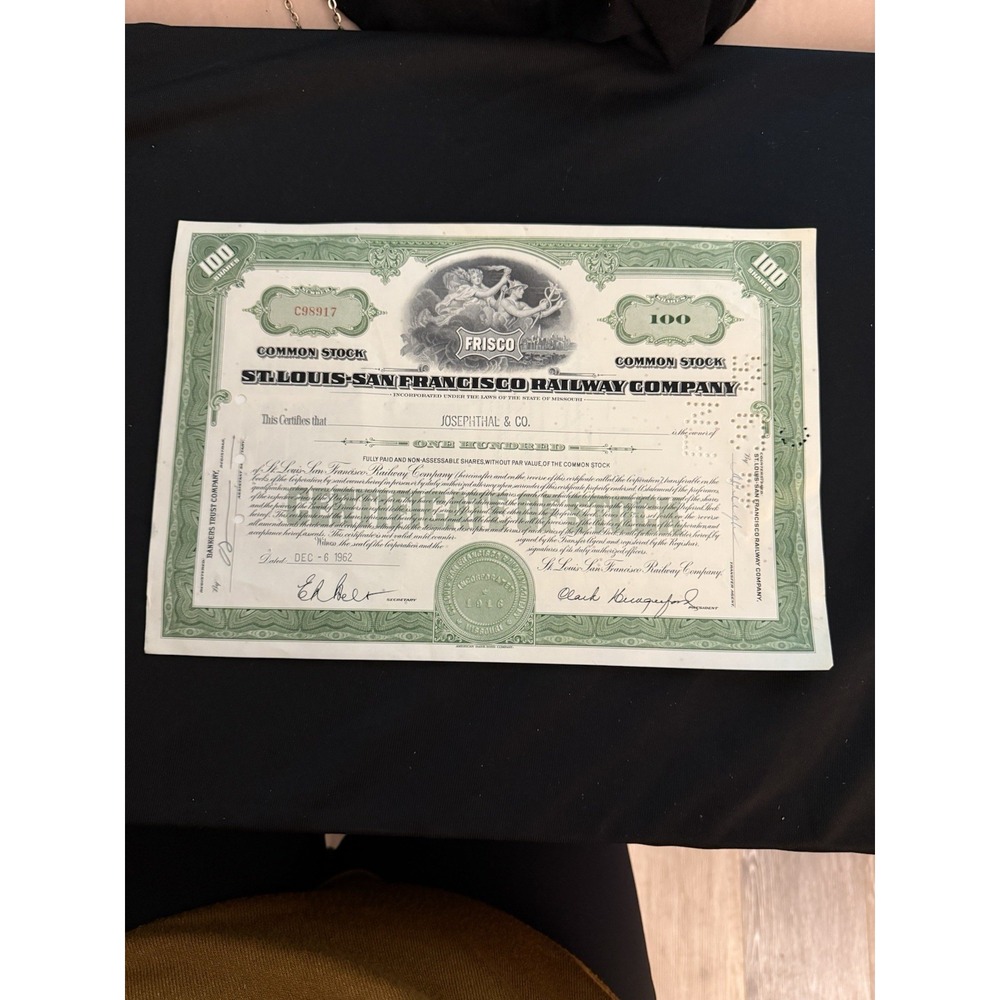 1965 St. Louis-San Francisco Railway Co. Stock Cert. 100 Shares Frisco Train RR